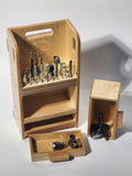 Small CNC Bit Organizer (El Apoyo CNC™ Wooden Caddy) shown with drill bits, router bits, countersinks, and specialty cutters stored upright in the precision-drilled upper deck, with smooth-sliding drawers for collets, gauges, rulers, layout tools, accessories, and spare components.