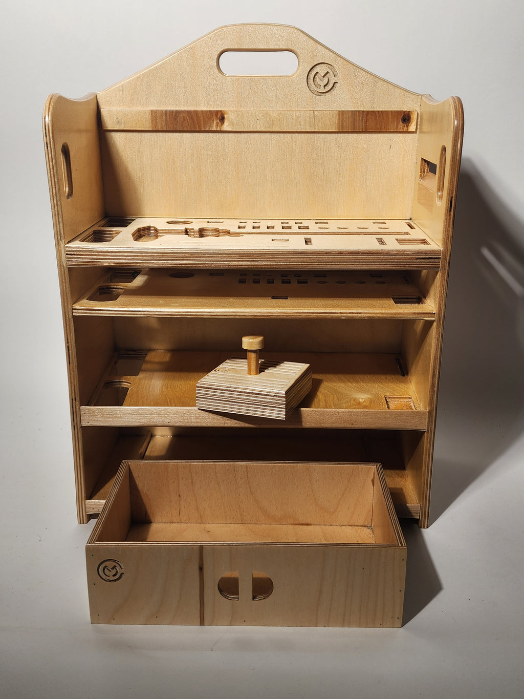 Handcrafted wooden El Banco™ luthier tool organizer with open drawer, removable gauge tray, tool-specific slots, and bench storage for guitar repair tools.