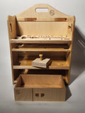 Handcrafted wooden El Banco™ luthier tool organizer with open drawer, removable gauge tray, tool-specific slots, and bench storage for guitar repair tools.