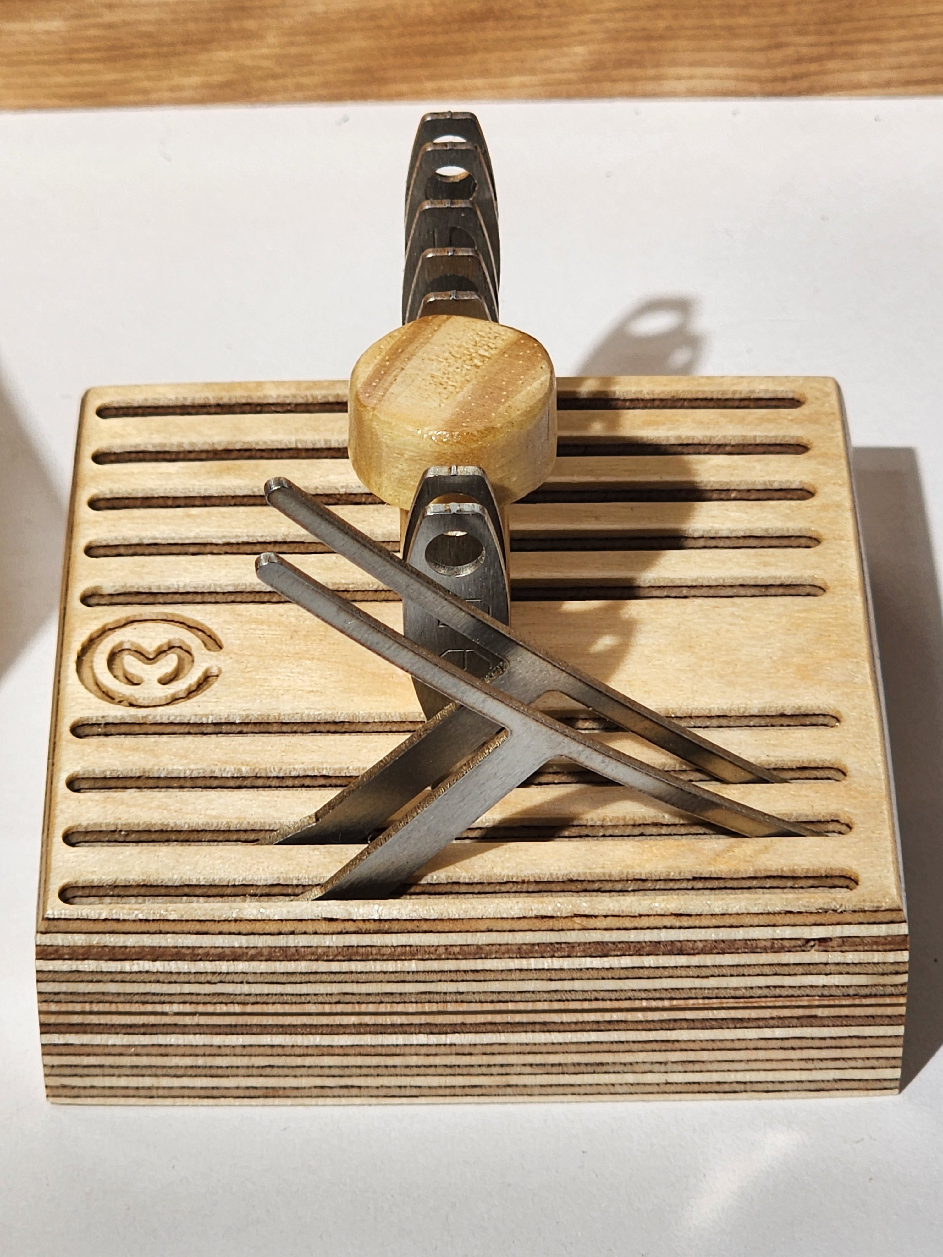 Removable luthier gauge tray shown with setup gauges and small guitar repair tools inside the El Banco™ bench organizer system.
