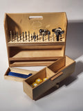 Large CNC Bit Organizer (El Centro™ Wooden Caddy) shown with drill bits, router bits, countersinks, and specialty cutters stored upright in the precision-drilled upper deck, with two smooth-sliding drawers open for layout tools, spare bits, accessories, and small shop essentials.
