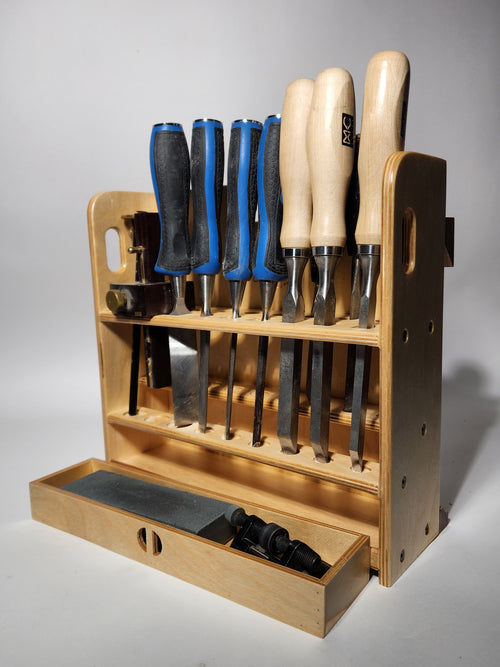 Large General Tool Organizer (El Pilar™ Wooden Caddy) shown holding chisels and woodworking tools upright in vertical storage slots, with a smooth lower drawer open for sharpening tools, accessories, gauges, and small workshop essentials.