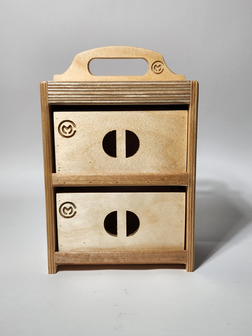 Front view of the El Plano™ Small Flat Top CNC Tool Caddy with two smooth-sliding wooden drawers and CUSTOMadera branding.