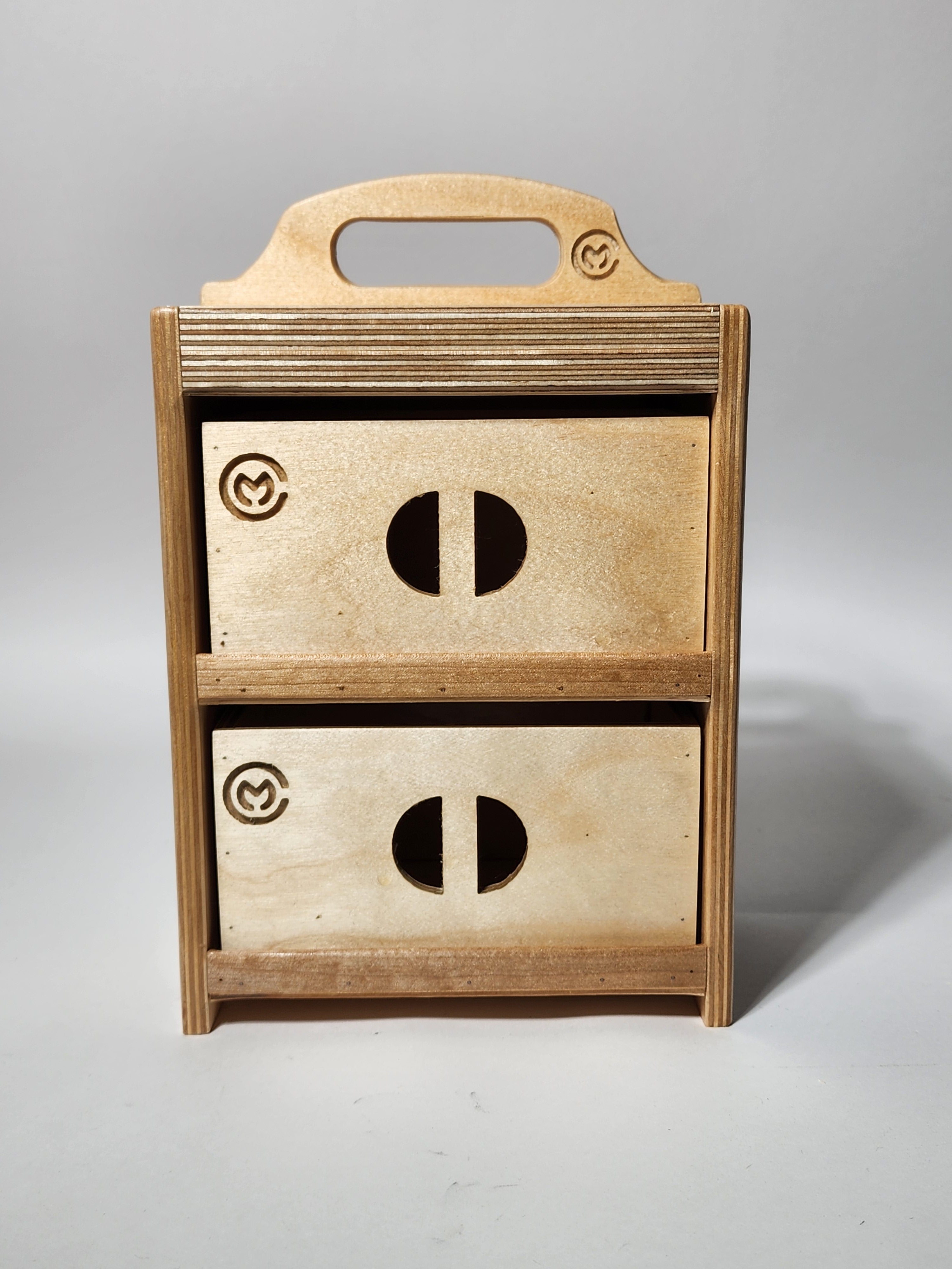 Front view of the El Plano™ Small Flat Top CNC Tool Caddy with two smooth-sliding wooden drawers and CUSTOMadera branding.