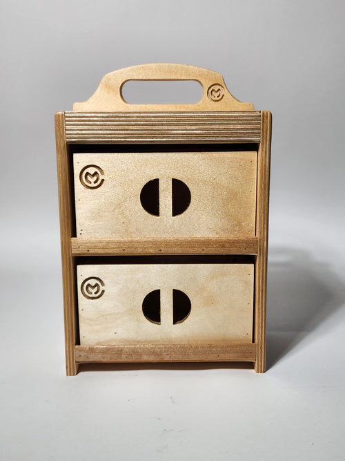 Front view of the El Plano™ Small Flat Top CNC Tool Caddy with two smooth-sliding wooden drawers and CUSTOMadera branding.